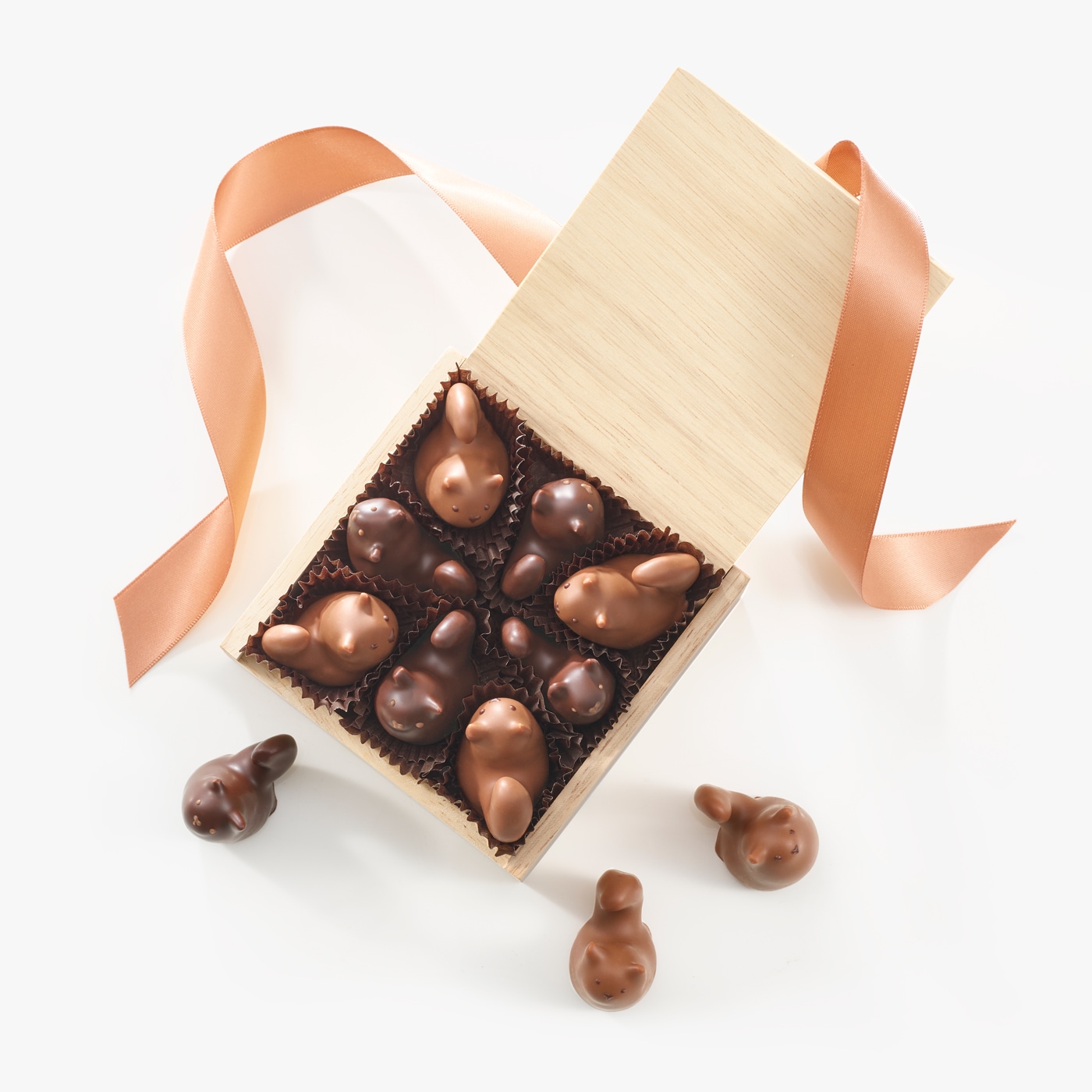 Eight chocolate cats nestled together in our signature wooden box